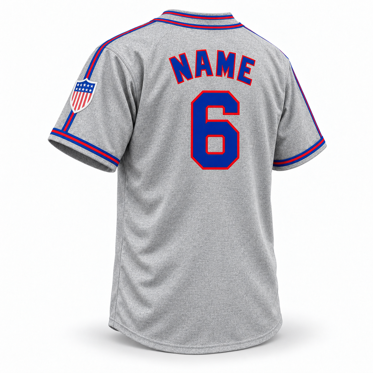 Memphis Red Sox NLB Jersey — Gray back mockup, block NAME and number 6, patriotic shield on wearer's left sleeve. Royal Retros.