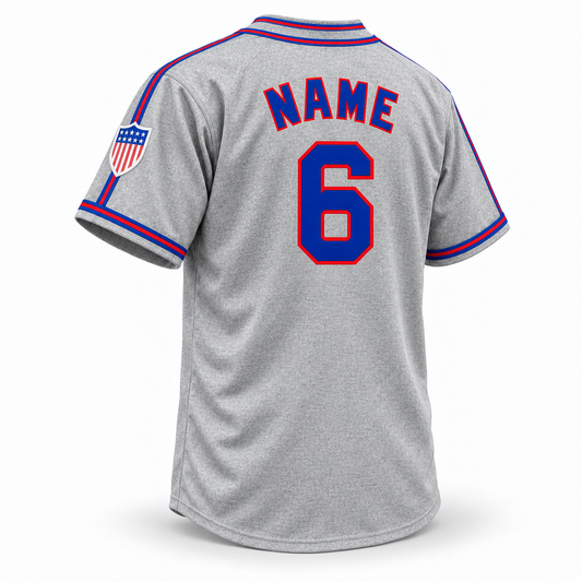 Memphis Red Sox NLB Jersey — Gray back mockup, block NAME and number 6, patriotic shield on wearer's left sleeve. Royal Retros.