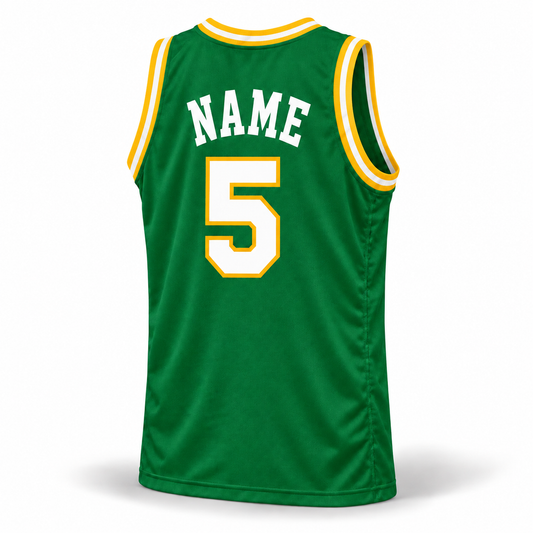 Memphis Tams ABA basketball jersey, Kelly green back view, NAME lettering and white number 5 with yellow outline, yellow-white-yellow rib trim, Royal Retros.