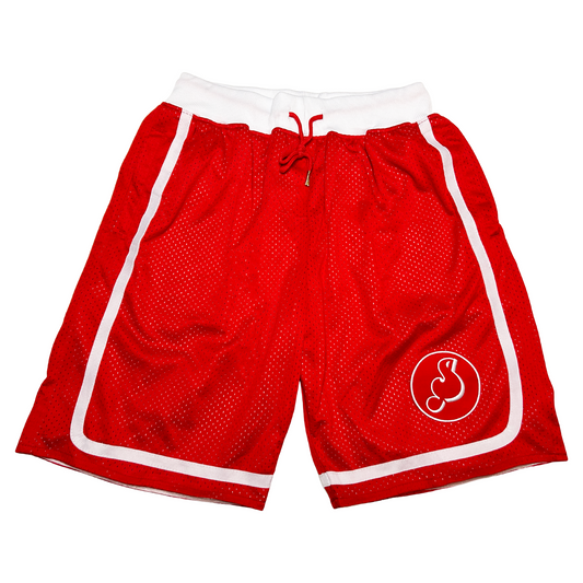 Red mesh Memphis Sounds basketball shorts for comfort on the court