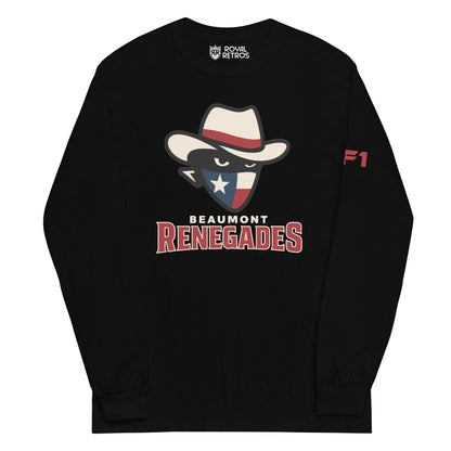 Beaumont Renegades crewneck sweatshirt. Black. Bandit face with white cowboy hat with red band. Dark face with white eyes. Bandana of Texas flag, white star on blue field on left, white and red band on right. Beaumont on white below small above Renegades large in red with white outline. Royal Retros.
