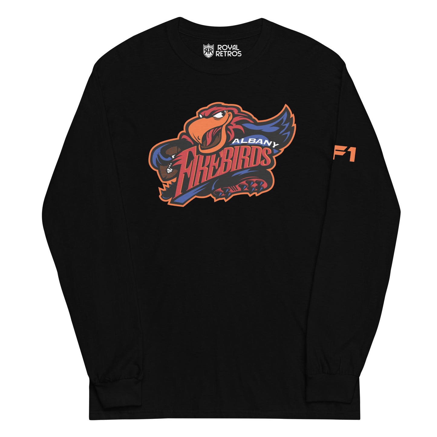Albany Firebirds long sleeve T-shirt. Black. Cartoon bird with Firebirds in red between open wings. Albany top right in white over Firebirds. Royal Retros