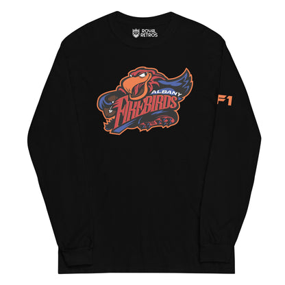 Albany Firebirds long sleeve T-shirt. Black. Cartoon bird with Firebirds in red between open wings. Albany top right in white over Firebirds. Royal Retros