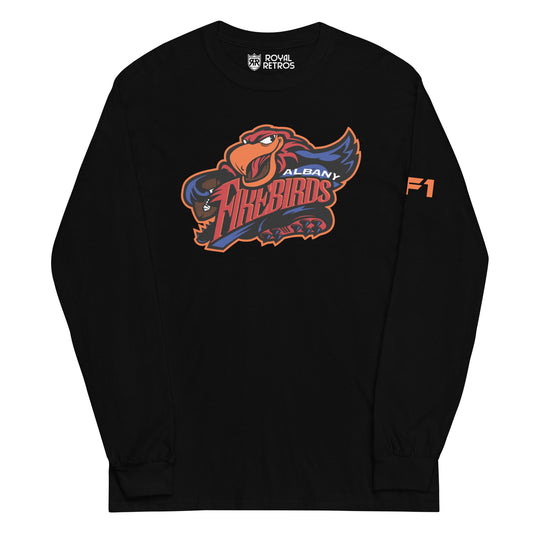 Albany Firebirds long sleeve T-shirt. Black. Cartoon bird with Firebirds in red between open wings. Albany top right in white over Firebirds. Royal Retros