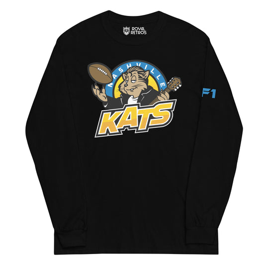 Nashville Kats long sleeve T-shirt. Black. Nashville in white in blue half circle. Cartoon Kat in leather jacket tossing up football in right hand, guitar neck in other over KATS in yellow with shadow trim. Royal Retros