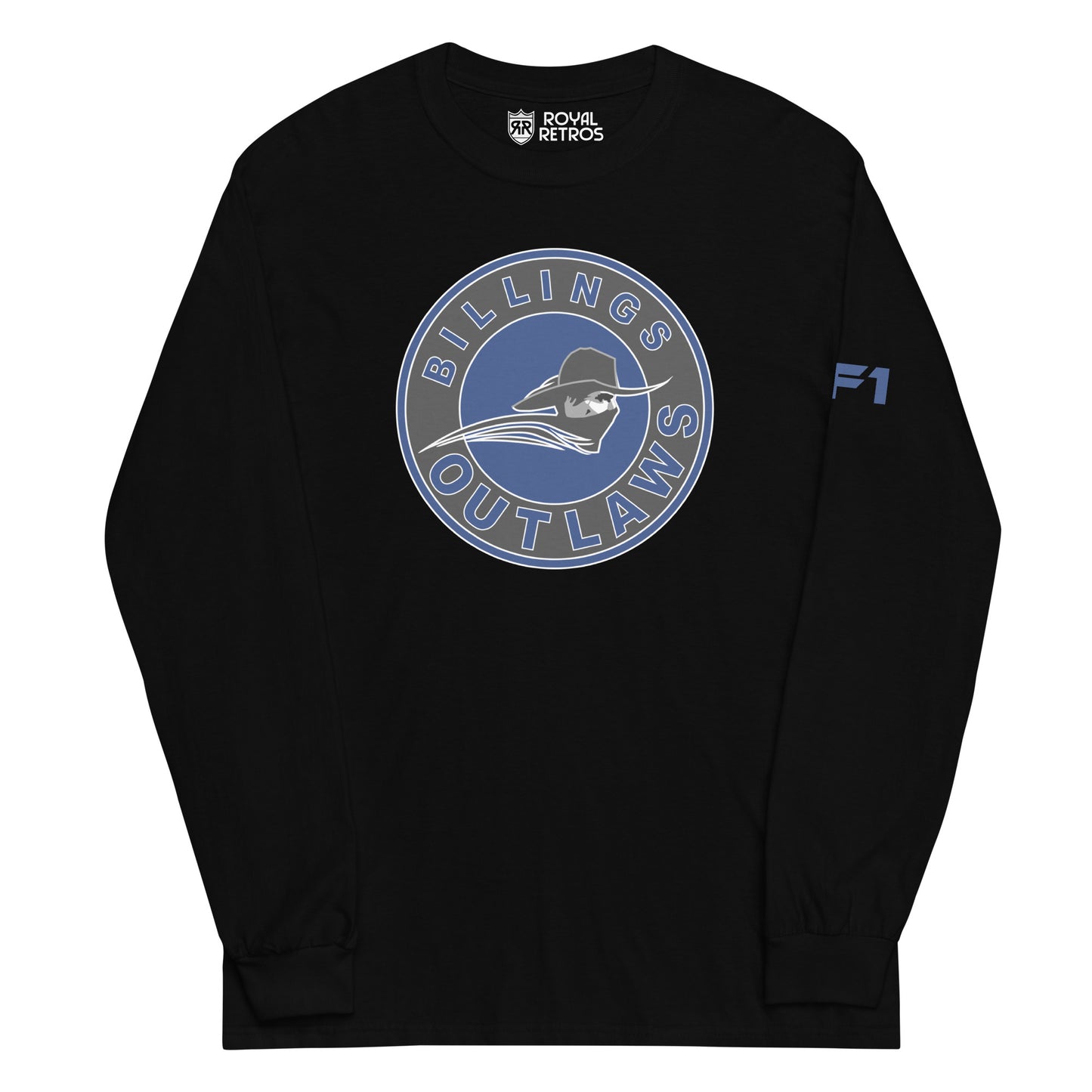 Billings Outlaws long sleeve T-shirt. Black. Circle logo Gray outer circle, Billings in Blue above, Outlaws in blue below. Blue inner circle with masked cowboy, neck up, facing right. Royal Retros