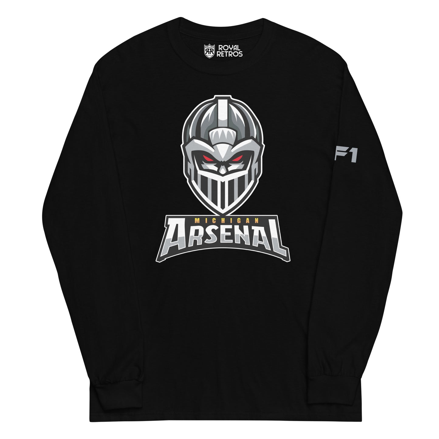 Michigan Arsenal crewneck sweatshirt. Black. Knights helmet facing viewer. Michigan small in yellow above Arsenal in silver below. Royal Retros