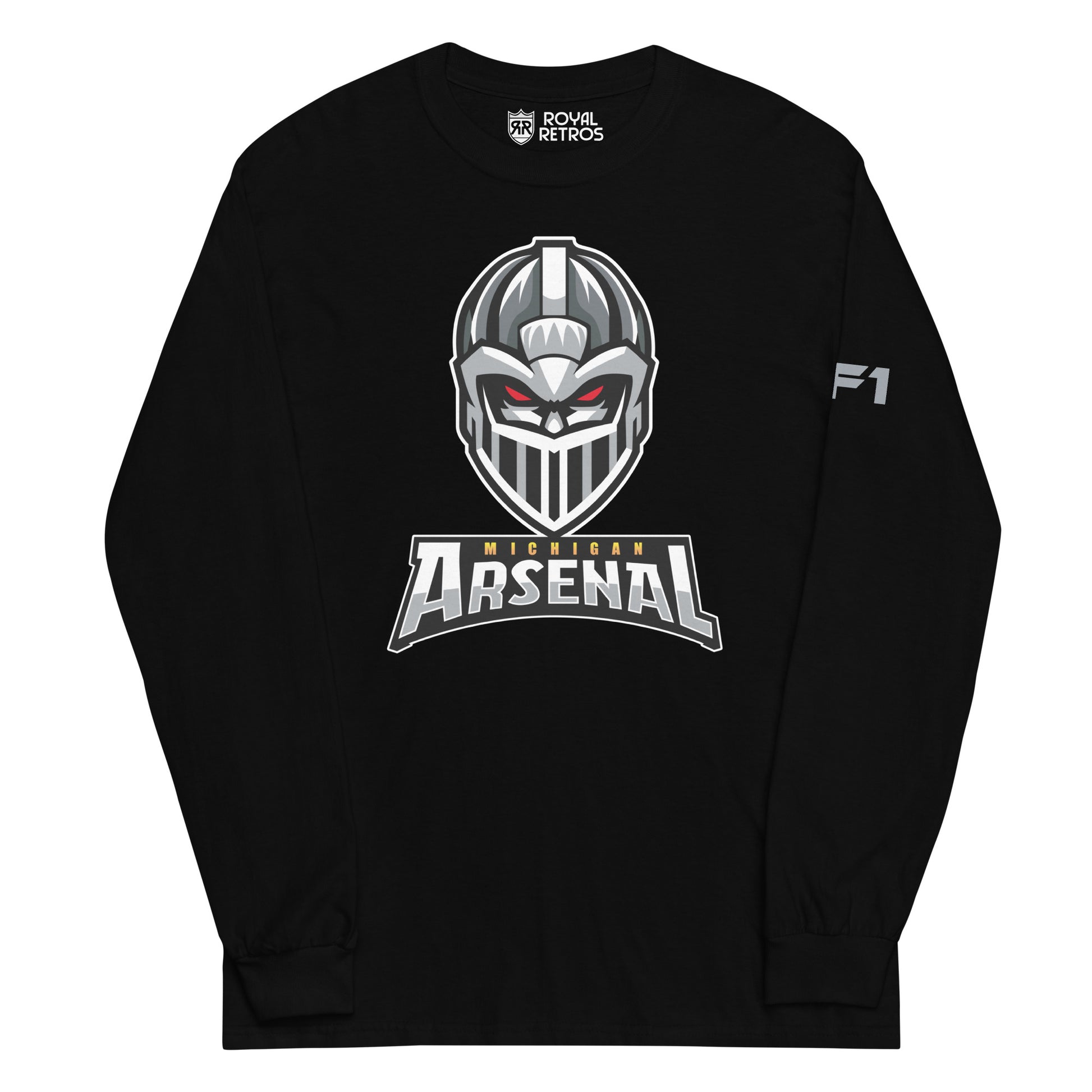 Michigan Arsenal crewneck sweatshirt. Black. Knights helmet facing viewer. Michigan small in yellow above Arsenal in silver below. Royal Retros