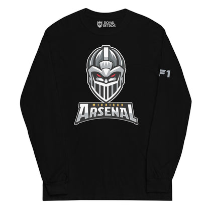 Michigan Arsenal crewneck sweatshirt. Black. Knights helmet facing viewer. Michigan small in yellow above Arsenal in silver below. Royal Retros