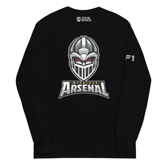 Michigan Arsenal crewneck sweatshirt. Black. Knights helmet facing viewer. Michigan small in yellow above Arsenal in silver below. Royal Retros