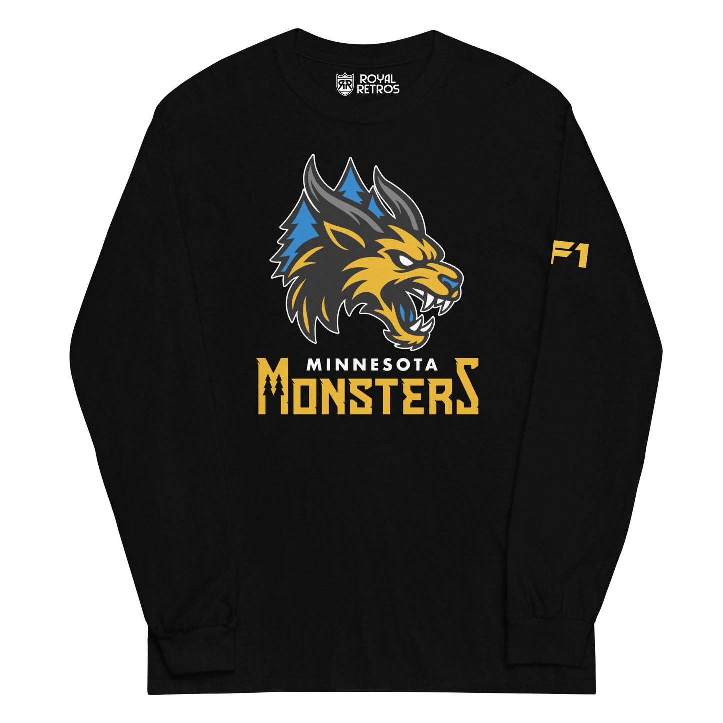 Minnesota Monsters long sleeve T-shirt. Black. Minnesota Monsters AF1 arena football. Gold, black, and gray monster head over blue pine trees. Minnesota small in white below, Monsters below larger in gold. Royal Retros.