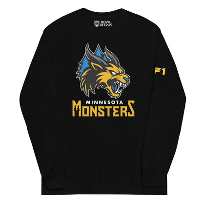 Minnesota Monsters long sleeve T-shirt. Black. Minnesota Monsters AF1 arena football. Gold, black, and gray monster head over blue pine trees. Minnesota small in white below, Monsters below larger in gold. Royal Retros.