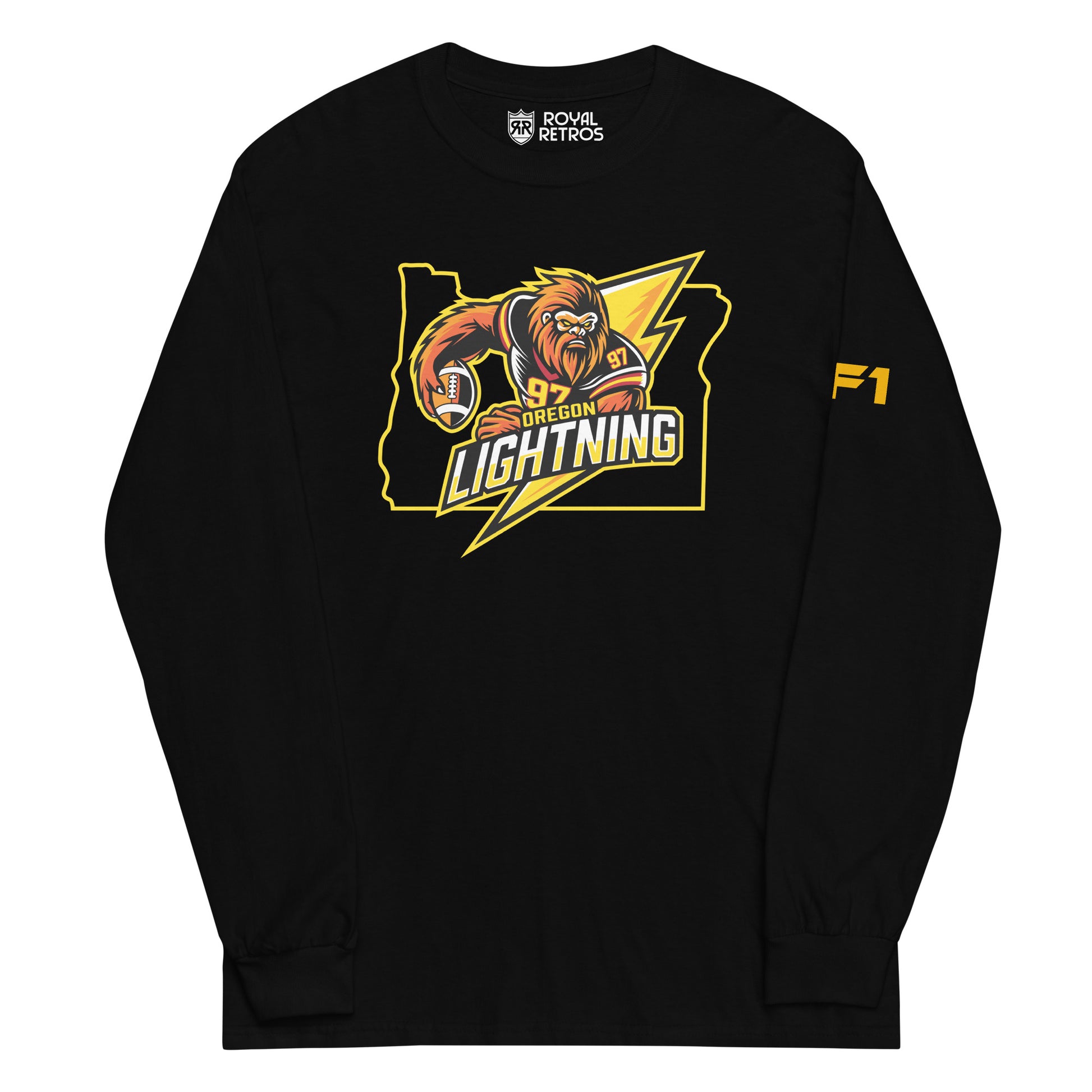 Oregon Lightning long sleeve T-shirt. black. Logo in center is outline of Oregon in black with Bigfoot in black jersey with gold numerals holding football over lightning bolt to right. Oregon in yellow, small, above Lightning large in white and gold. Royal Retros