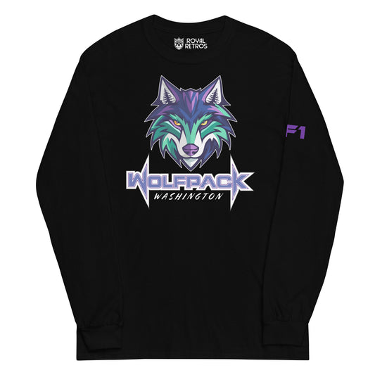 Washington Wolfpack long sleeve T-shirt. Black. Light purple, dark purple, and teal wolf face over WOLFPACK in purple with white trim. Washington smaller in purple right below. Royal Retros
