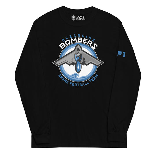 Oceanside Bombers football Long Sleeve T-shirt. Black. Oceanside in blue arched above Bombers slightly larger in white over a circle outlined in white and two slightly larger rings, blue and light blue inside. White background. B-2 bomber from the top over the circle with wings slightly protruding. A football coming off the tail. An ocean wave appears in the bottom of the circle. Outside the circle arched below is Arena Football team arched up in blue. Royal Retros