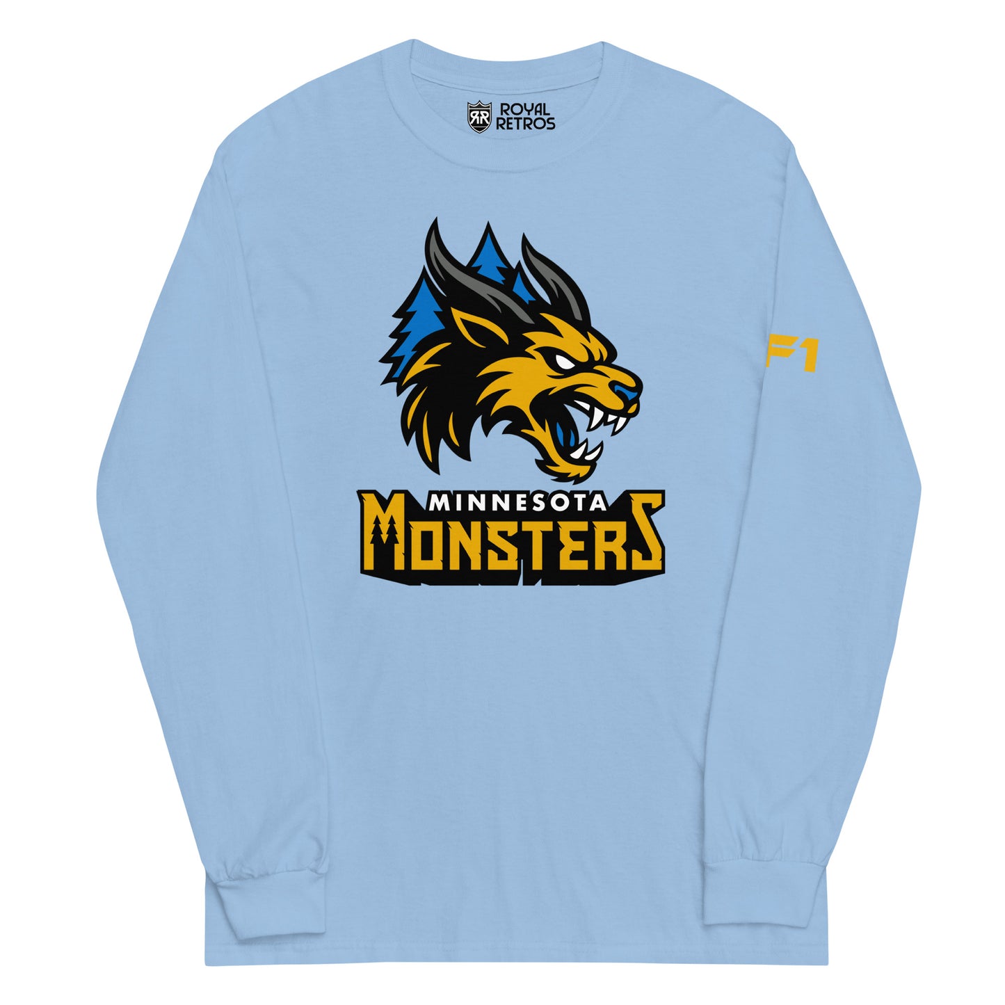 Minnesota Monsters long sleeve T-shirt. Light Blue. Minnesota Monsters AF1 arena football. Gold, black, and gray monster head over blue pine trees. Minnesota small in white below, Monsters below larger in gold. Royal Retros.