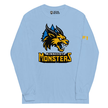 Minnesota Monsters long sleeve T-shirt. Light Blue. Minnesota Monsters AF1 arena football. Gold, black, and gray monster head over blue pine trees. Minnesota small in white below, Monsters below larger in gold. Royal Retros.