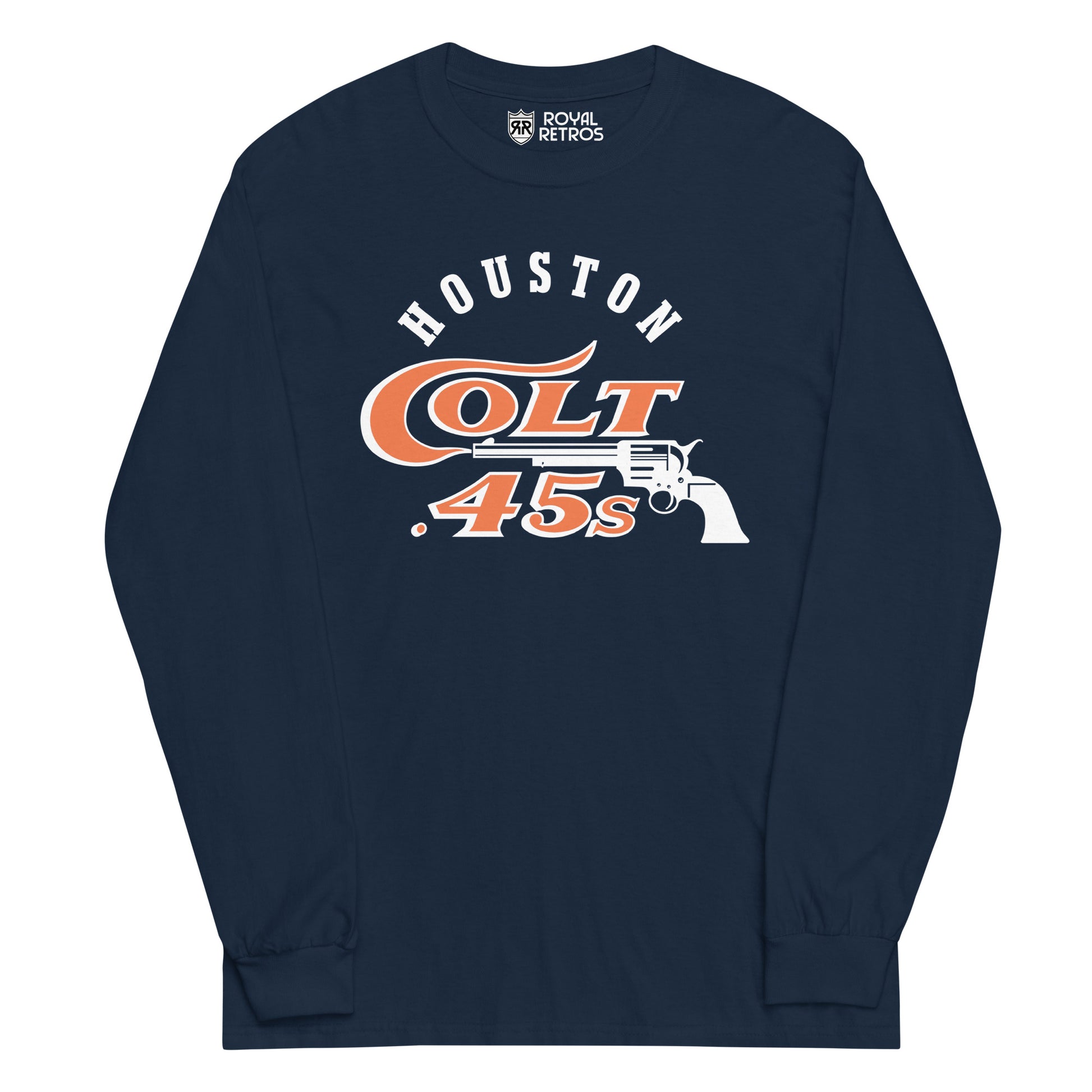 Houston Colt 45s long-sleeve T-shirt. Navy. Houston in white arched above stylized Colts in orange with blue trim on chest, with pistol in blue facing left underneath.  Royal Retros 