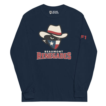 Beaumont Renegades crewneck sweatshirt. Navy. Bandit face with white cowboy hat with red band. Dark face with white eyes. Bandana of Texas flag, white star on blue field on left, white and red band on right. Beaumont on white below small above Renegades large in red with white outline. Royal Retros.