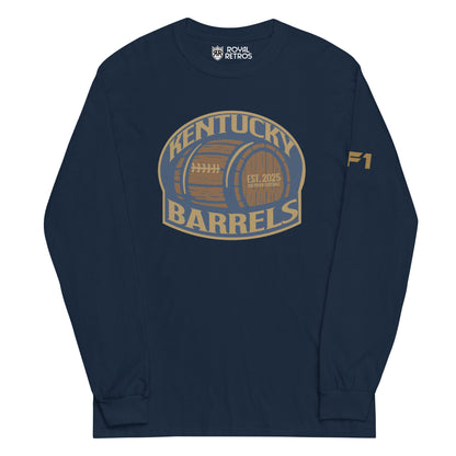 Kentucky Barrels AF1 football crewneck sweatshirt. Navy. Logo on chest is a rounded square with Kentucky in gold arched over a barrel, with Barrels underneath. Shape is outlined in gold. Royal Retros