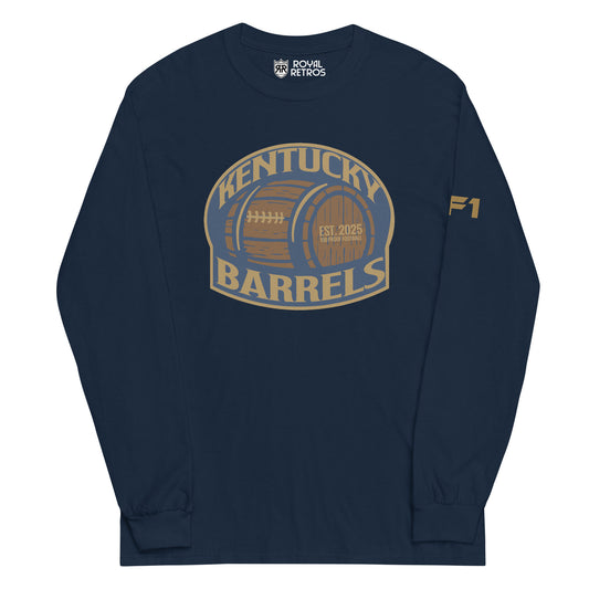 Kentucky Barrels AF1 football crewneck sweatshirt. Navy. Logo on chest is a rounded square with Kentucky in gold arched over a barrel, with Barrels underneath. Shape is outlined in gold. Royal Retros