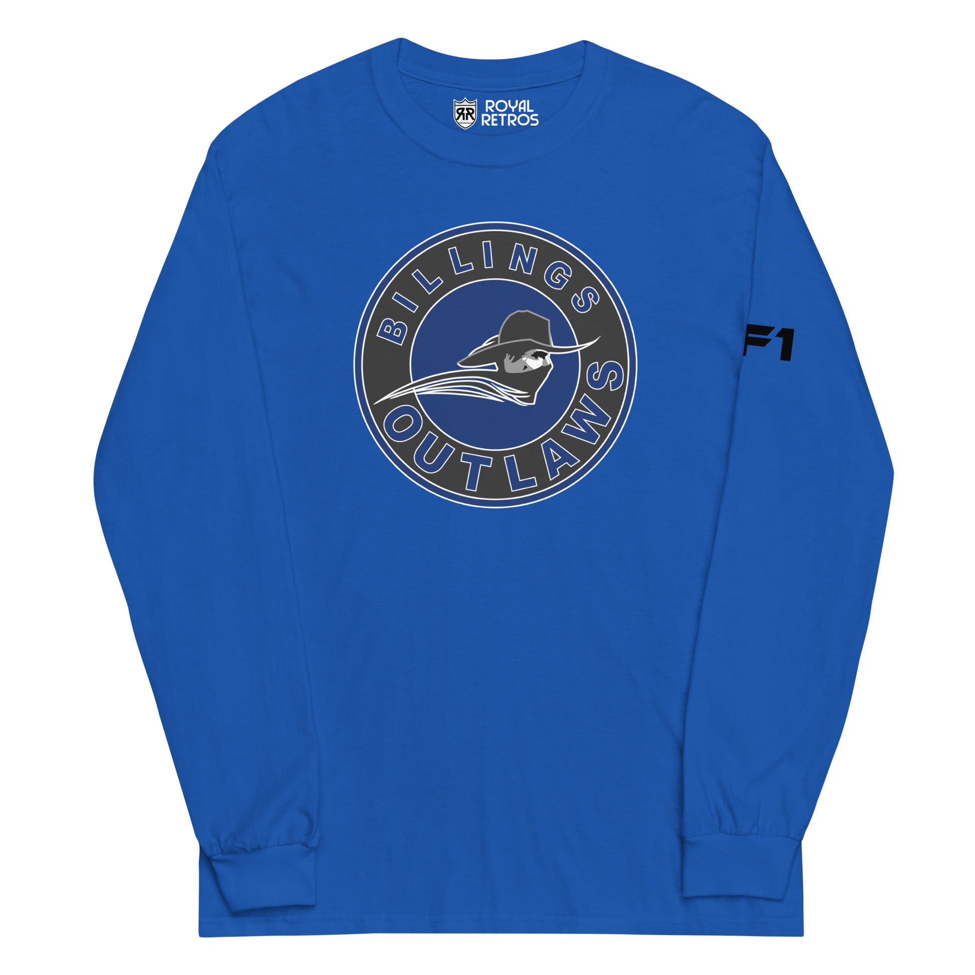 Billings Outlaws long sleeve T-shirt. Royal Blue. Circle logo Gray outer circle, Billings in Blue above, Outlaws in blue below. Blue inner circle with masked cowboy, neck up, facing right. Royal Retros