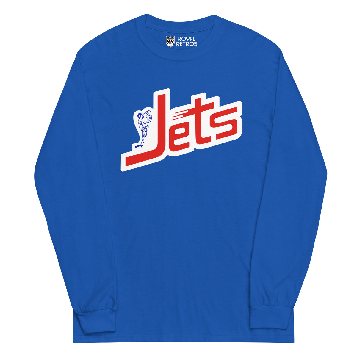WHA Jets long sleeve T-shirt. Royal blue. Slanted red Jets wordmark with white outline and a hockey player on the J. Royal Retros