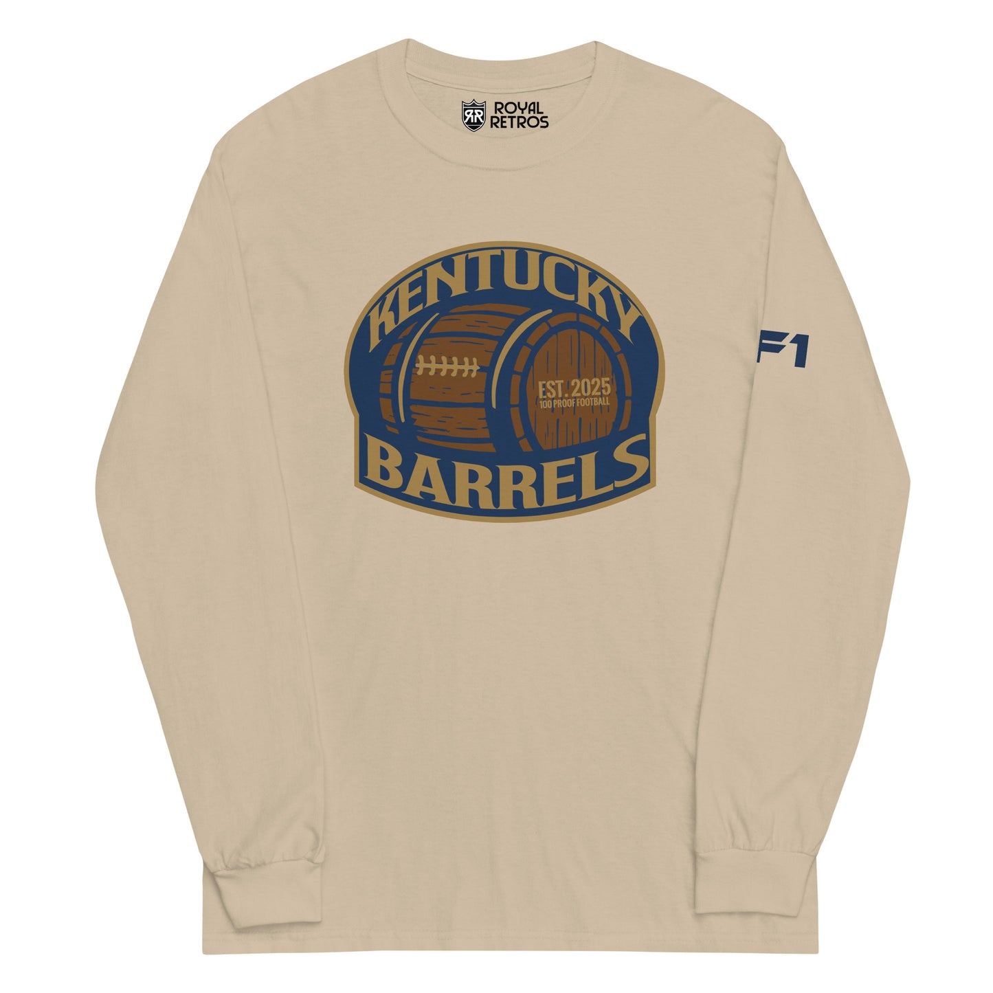 Kentucky Barrels AF1 football crewneck sweatshirt. Sand. Logo on chest is a rounded square with Kentucky in gold arched over a barrel, with Barrels underneath. Shape is outlined in gold. Royal Retros