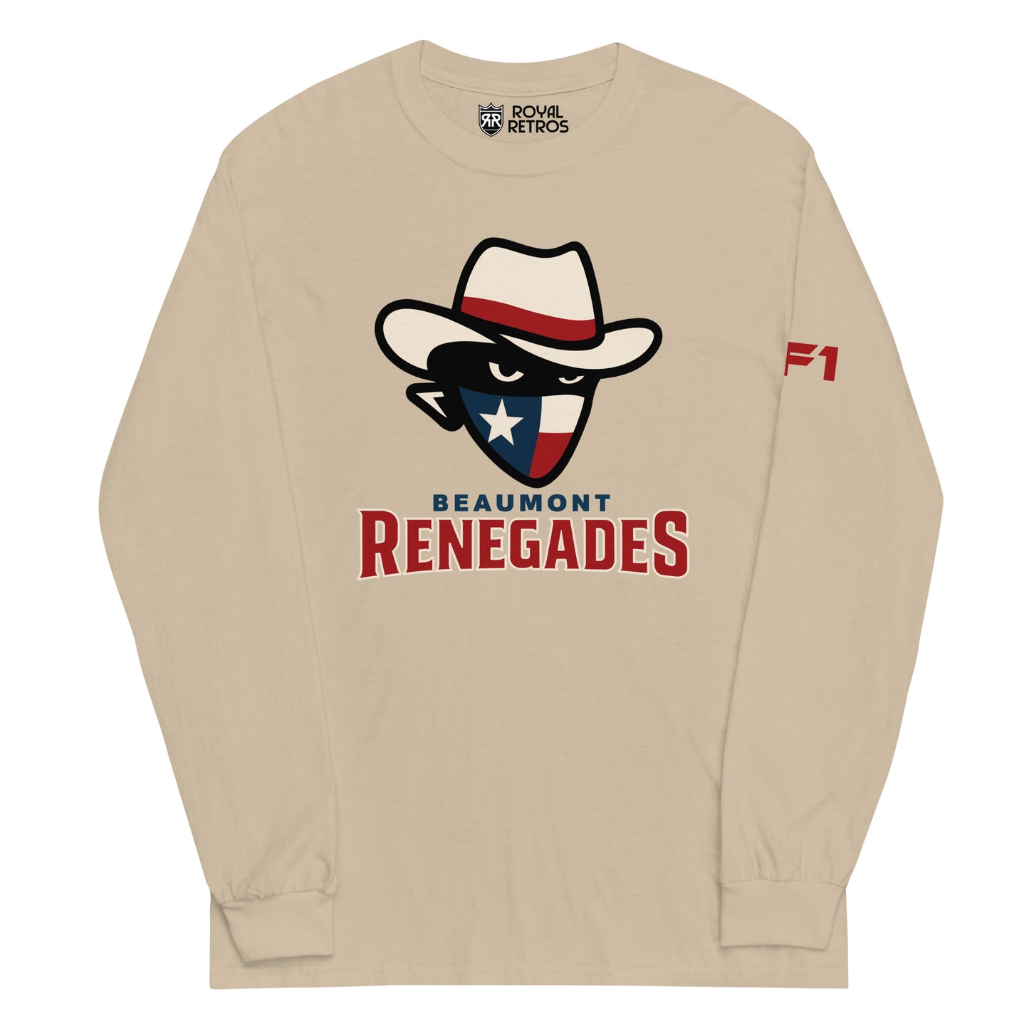 Beaumont Renegades crewneck sweatshirt. Sand. Bandit face with white cowboy hat with red band. Dark face with white eyes. Bandana of Texas flag, white star on blue field on left, white and red band on right. Beaumont on white below small above Renegades large in red with white outline. Royal Retros.