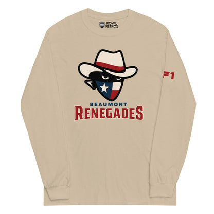 Beaumont Renegades crewneck sweatshirt. Sand. Bandit face with white cowboy hat with red band. Dark face with white eyes. Bandana of Texas flag, white star on blue field on left, white and red band on right. Beaumont on white below small above Renegades large in red with white outline. Royal Retros.