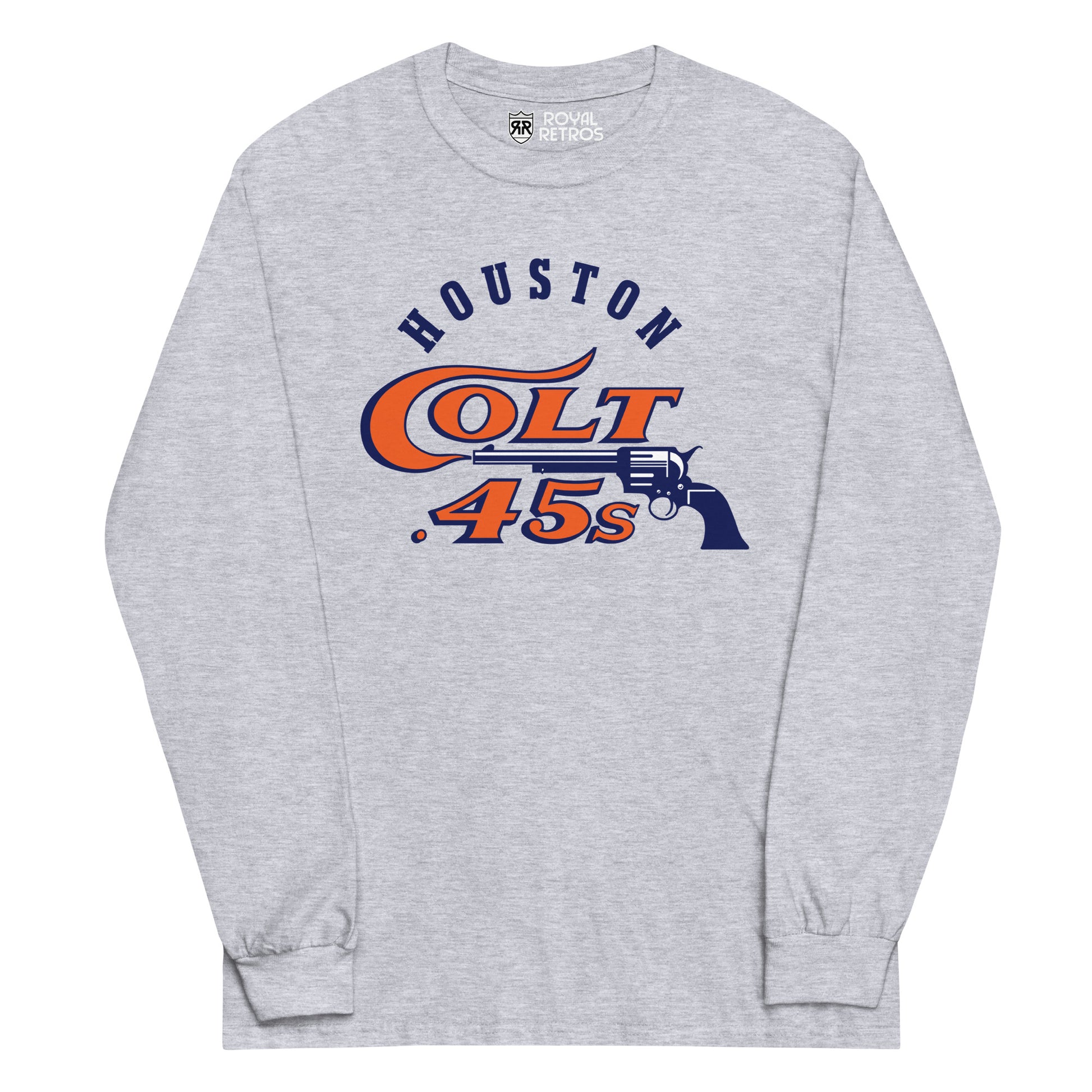 Houston Colt 45s long-sleeve T-shirt. Gray. Houston in white arched above stylized Colts in orange with blue trim on chest, with pistol in blue facing left underneath.  Royal Retros 