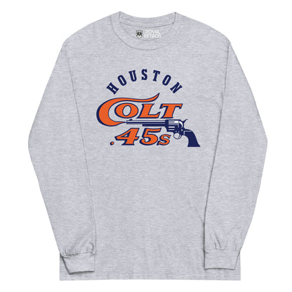 Houston Colt 45s long-sleeve T-shirt. Gray. Houston in white arched above stylized Colts in orange with blue trim on chest, with pistol in blue facing left underneath.  Royal Retros 