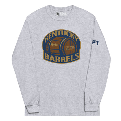 Kentucky Barrels AF1 football crewneck sweatshirt. Navy. Logo on chest is a rounded square with Kentucky in gold arched over a barrel, with Barrels underneath. Shape is outlined in gold. Royal Retros
