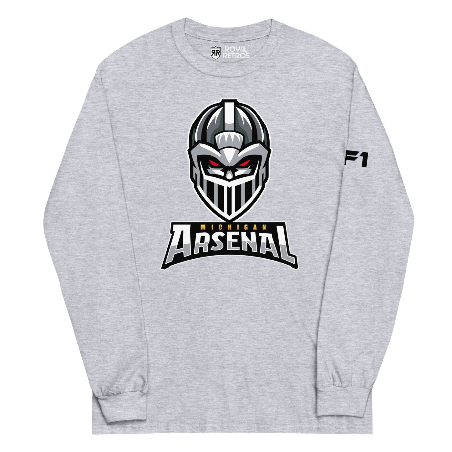 Michigan Arsenal crewneck sweatshirt. Heather Grey. Knights helmet facing viewer. Michigan small in yellow above Arsenal in silver below. Royal Retros