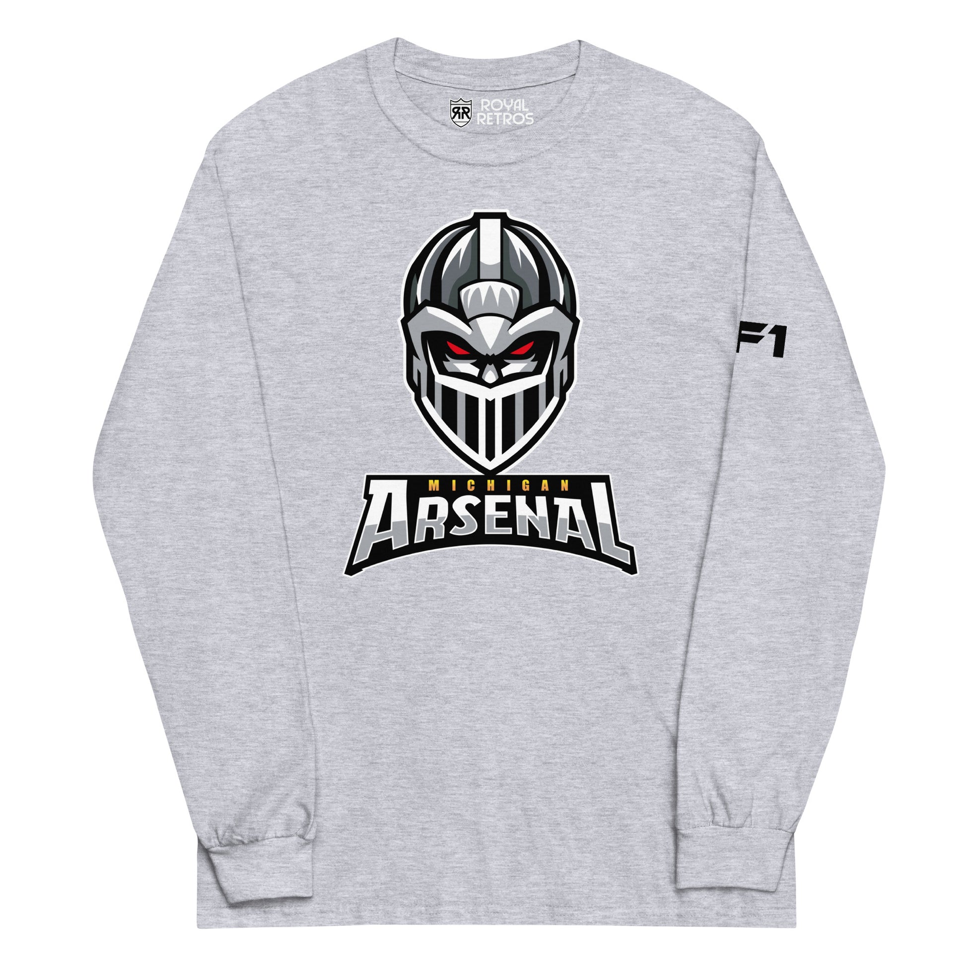 Michigan Arsenal crewneck sweatshirt. Heather Grey. Knights helmet facing viewer. Michigan small in yellow above Arsenal in silver below. Royal Retros