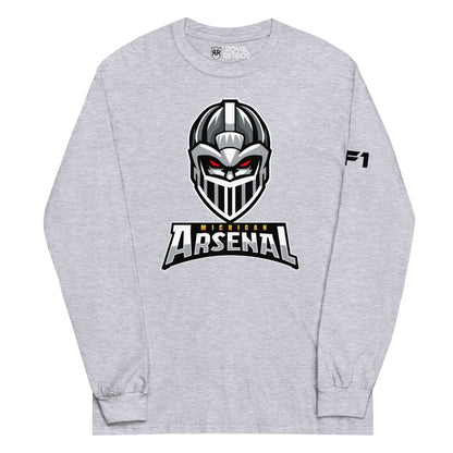 Michigan Arsenal crewneck sweatshirt. Heather Grey. Knights helmet facing viewer. Michigan small in yellow above Arsenal in silver below. Royal Retros