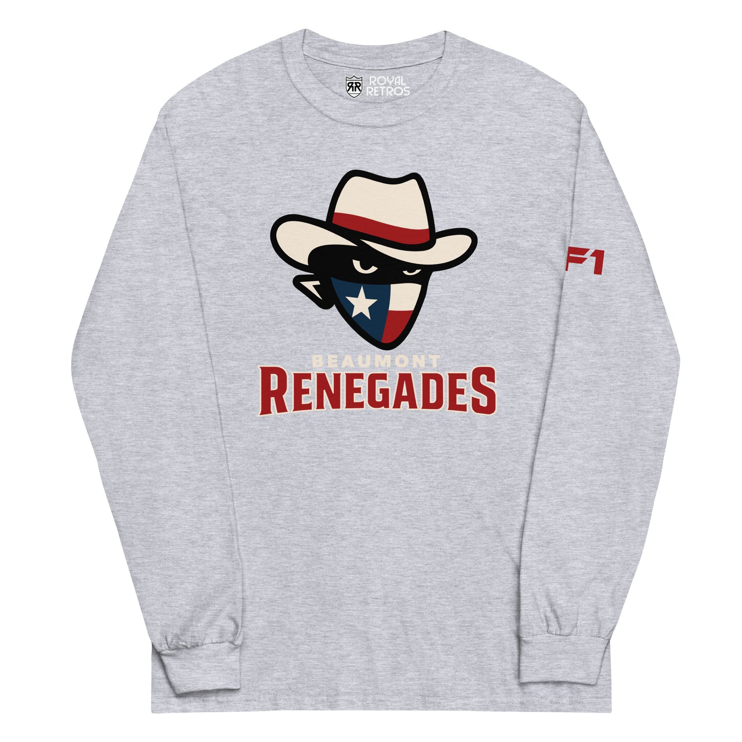 Beaumont Renegades crewneck sweatshirt. Heather Grey. Bandit face with white cowboy hat with red band. Dark face with white eyes. Bandana of Texas flag, white star on blue field on left, white and red band on right. Beaumont on white below small above Renegades large in red with white outline. Royal Retros.