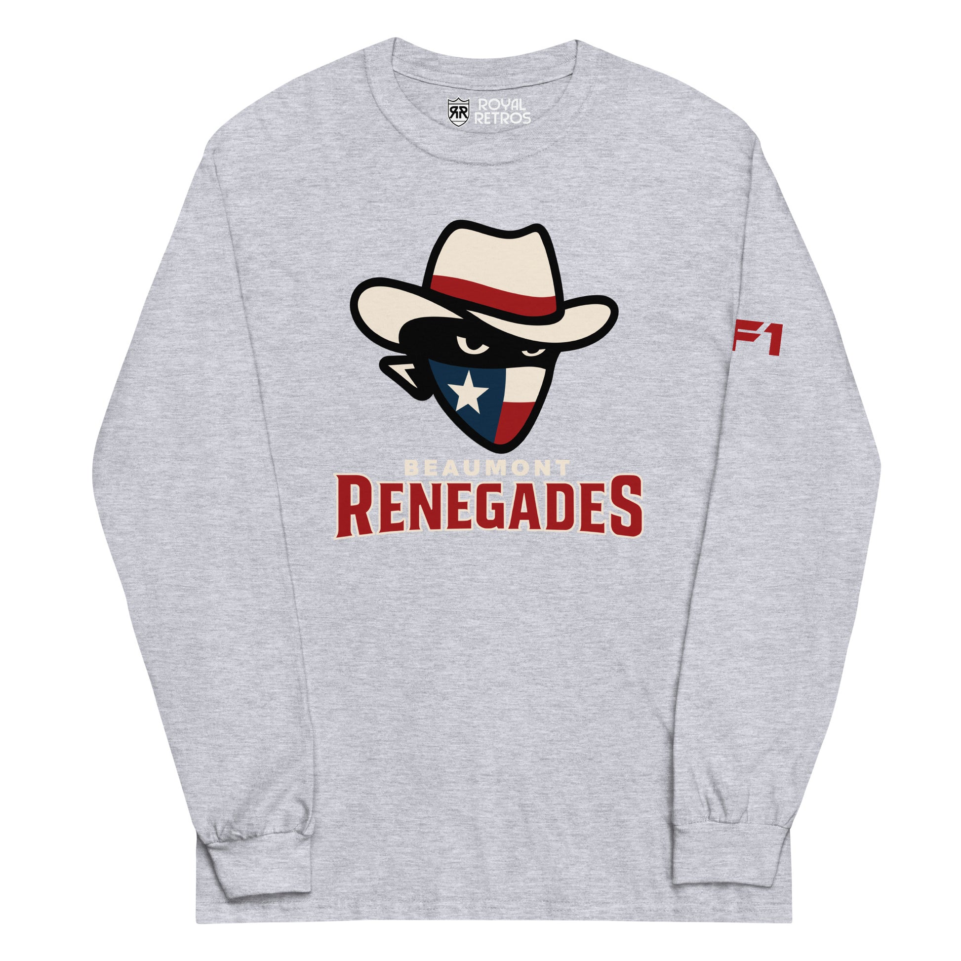 Beaumont Renegades crewneck sweatshirt. Heather Grey. Bandit face with white cowboy hat with red band. Dark face with white eyes. Bandana of Texas flag, white star on blue field on left, white and red band on right. Beaumont on white below small above Renegades large in red with white outline. Royal Retros.