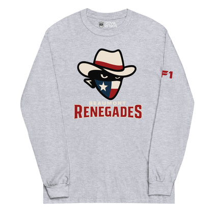 Beaumont Renegades crewneck sweatshirt. Heather Grey. Bandit face with white cowboy hat with red band. Dark face with white eyes. Bandana of Texas flag, white star on blue field on left, white and red band on right. Beaumont on white below small above Renegades large in red with white outline. Royal Retros.