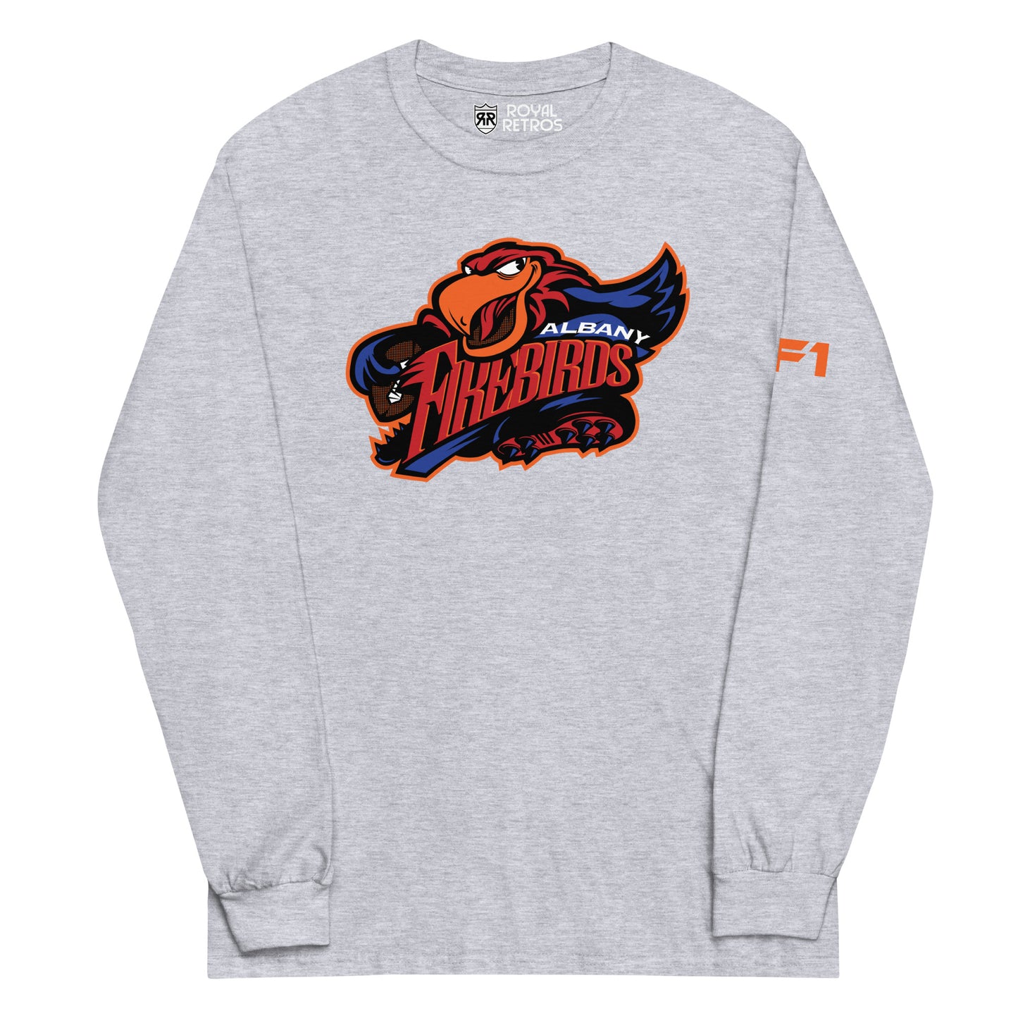 Albany Firebirds long sleeve T-shirt. Heather Grey. Cartoon bird with Firebirds in red between open wings. Albany top right in white over Firebirds. Royal Retros