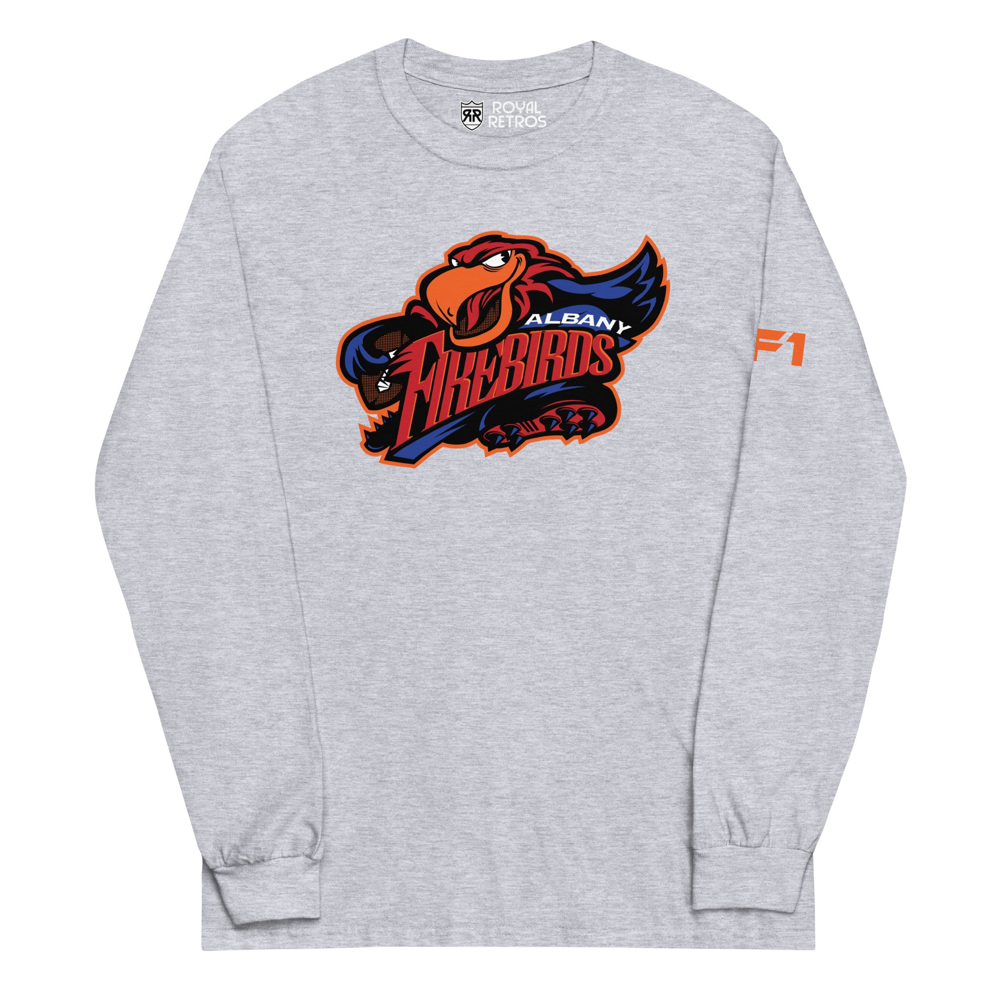 Albany Firebirds long sleeve T-shirt. Heather Grey. Cartoon bird with Firebirds in red between open wings. Albany top right in white over Firebirds. Royal Retros