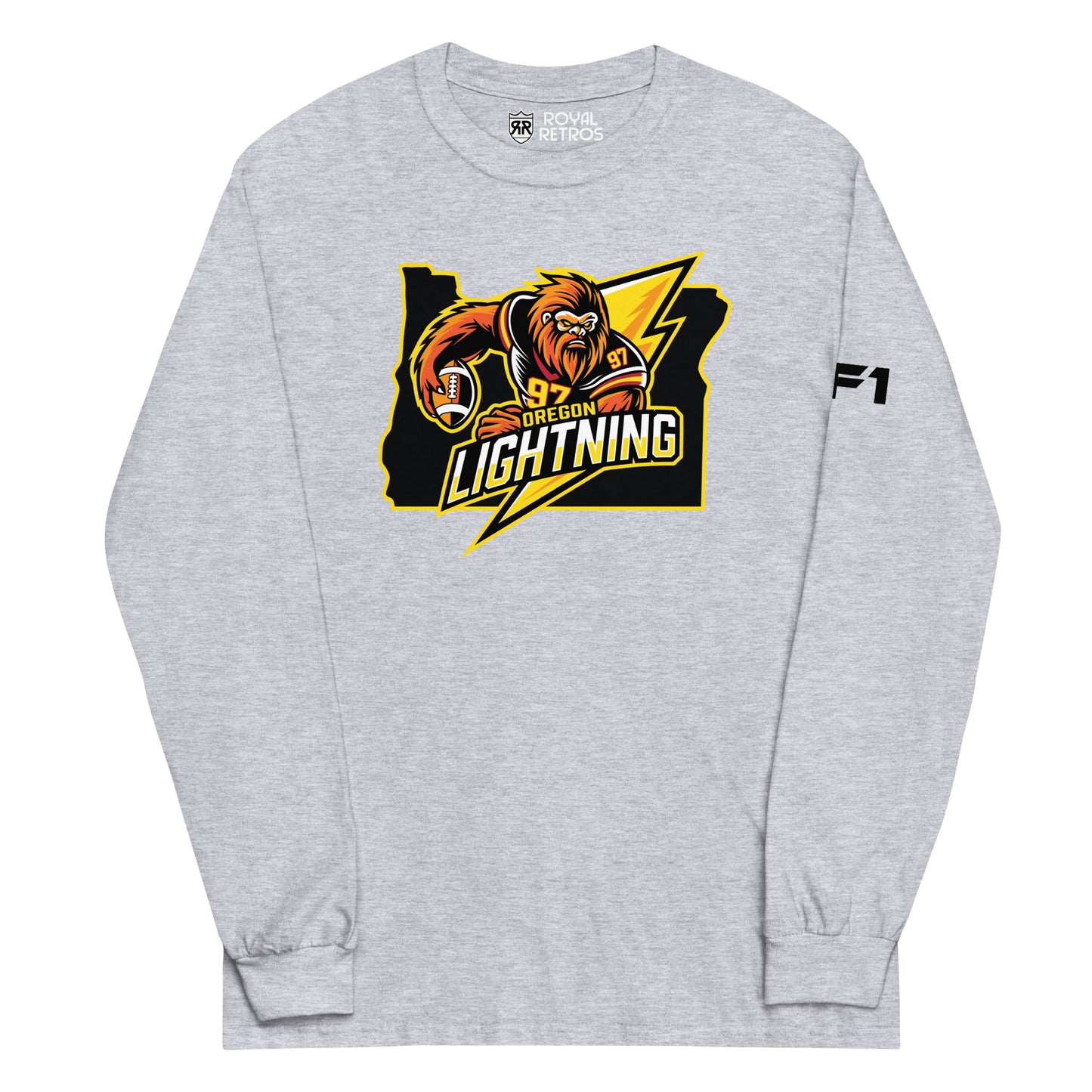 Oregon Lightning long sleeve T-shirt. Heather Grey. Logo in center is outline of Oregon in black with Bigfoot in black jersey with gold numerals holding football over lightning bolt to right. Oregon in yellow, small, above Lightning large in white and gold. Royal Retros