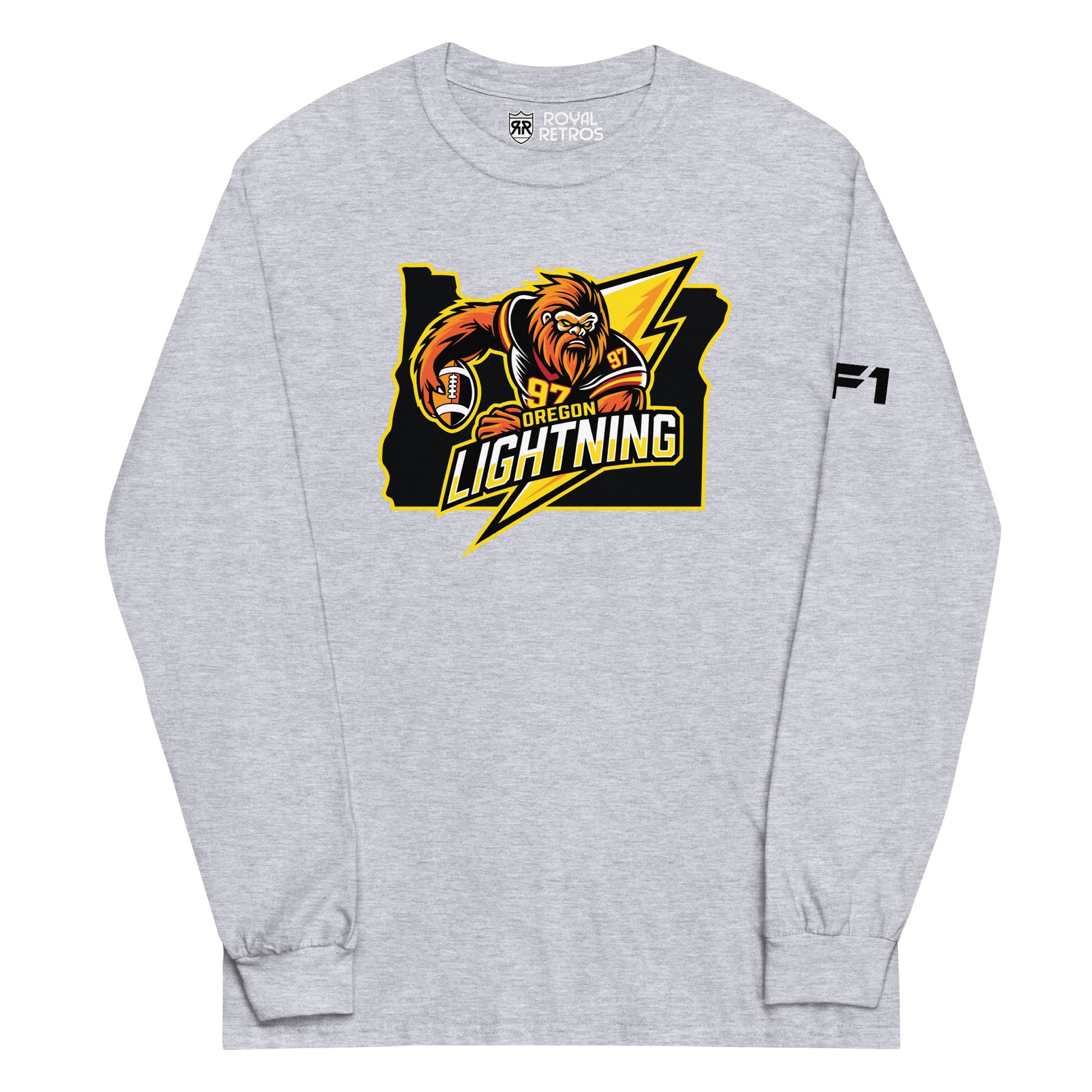 Oregon Lightning long sleeve T-shirt. Heather Grey. Logo in center is outline of Oregon in black with Bigfoot in black jersey with gold numerals holding football over lightning bolt to right. Oregon in yellow, small, above Lightning large in white and gold. Royal Retros
