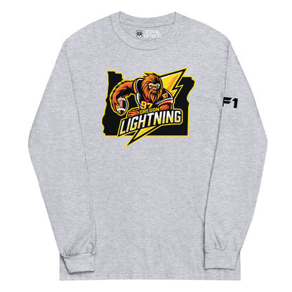 Oregon Lightning long sleeve T-shirt. Heather Grey. Logo in center is outline of Oregon in black with Bigfoot in black jersey with gold numerals holding football over lightning bolt to right. Oregon in yellow, small, above Lightning large in white and gold. Royal Retros