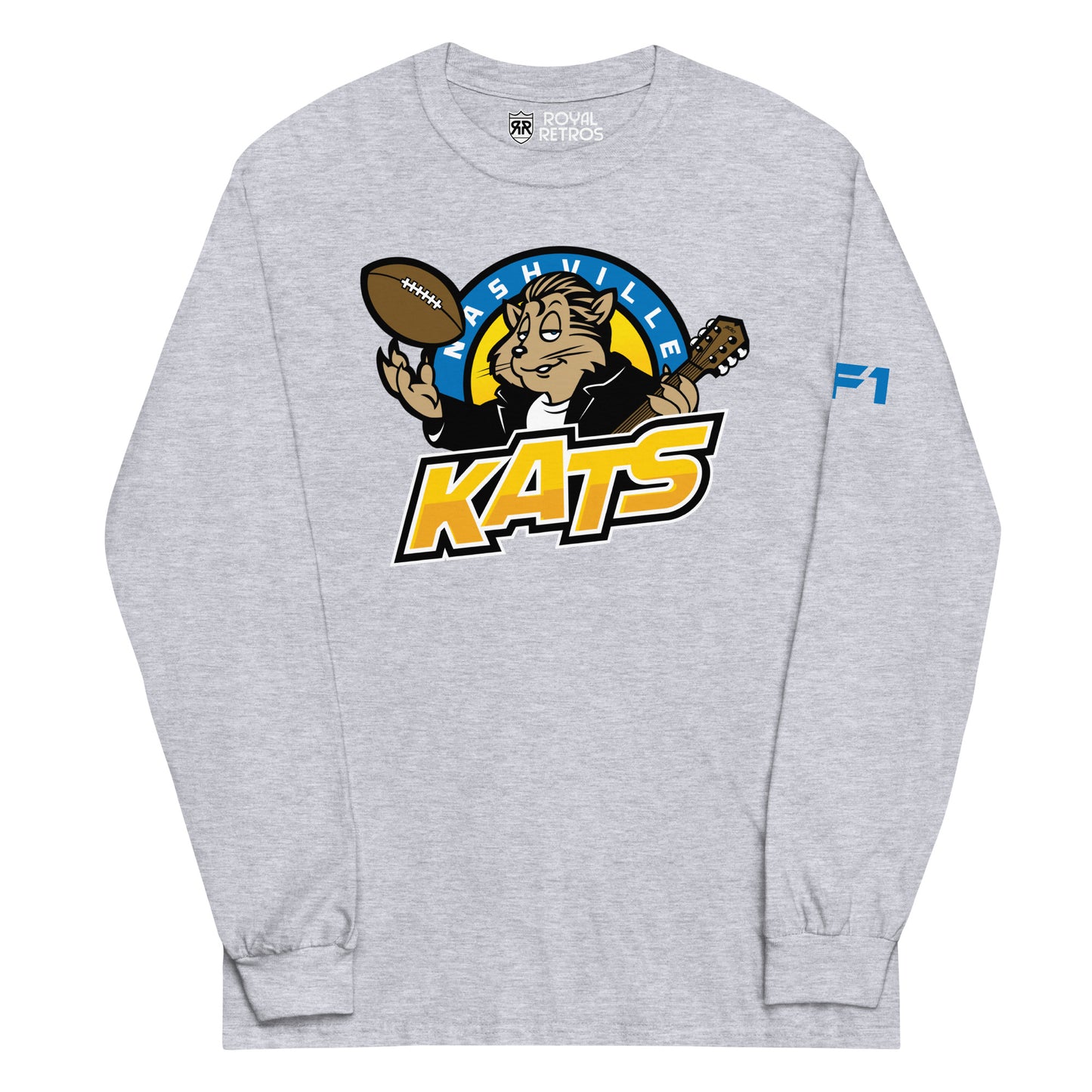 Nashville Kats long sleeve T-shirt. Heather Grey. Nashville in white in blue half circle. Cartoon Kat in leather jacket tossing up football in right hand, guitar neck in other over KATS in yellow with shadow trim. Royal Retros