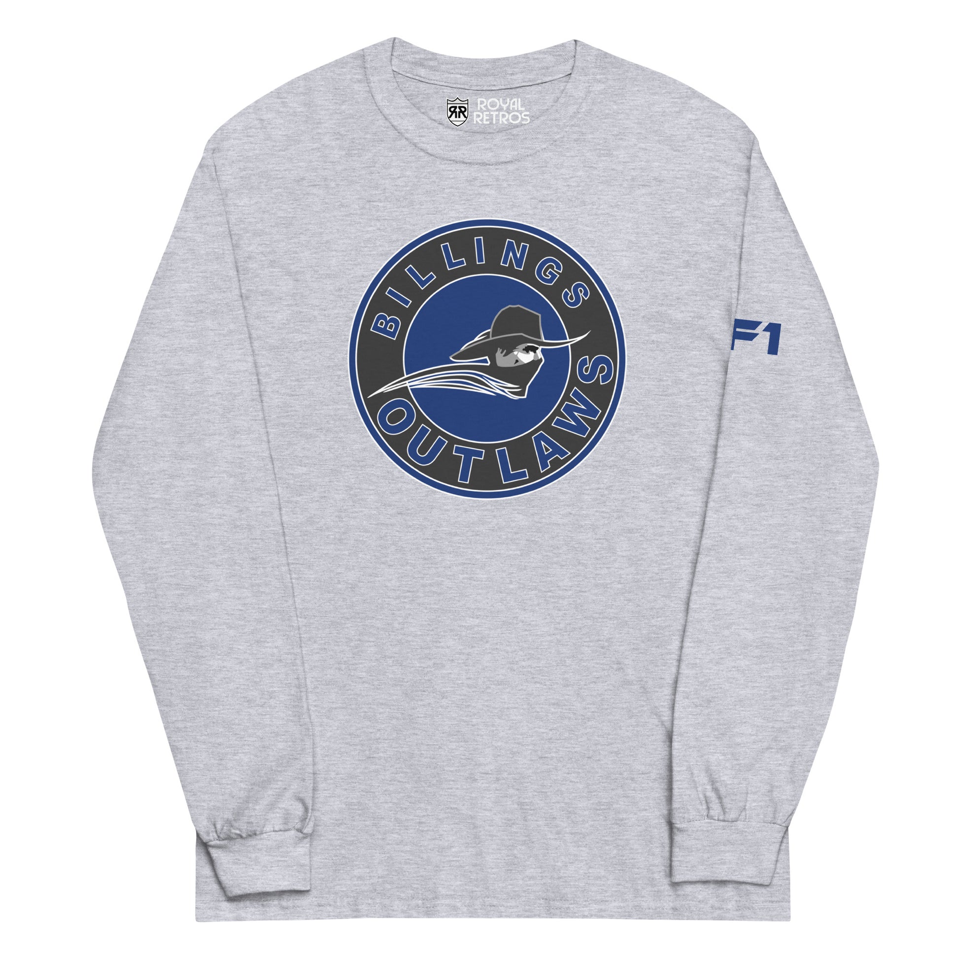 Billings Outlaws long sleeve T-shirt. Heather Grey. Circle logo Gray outer circle, Billings in Blue above, Outlaws in blue below. Blue inner circle with masked cowboy, neck up, facing right. Royal Retros