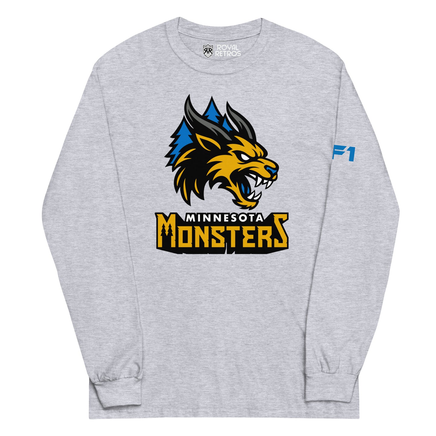 Minnesota Monsters long sleeve T-shirt. Heather Gray. Minnesota Monsters AF1 arena football. Gold, black, and gray monster head over blue pine trees. Minnesota small in white below, Monsters below larger in gold. Royal Retros.