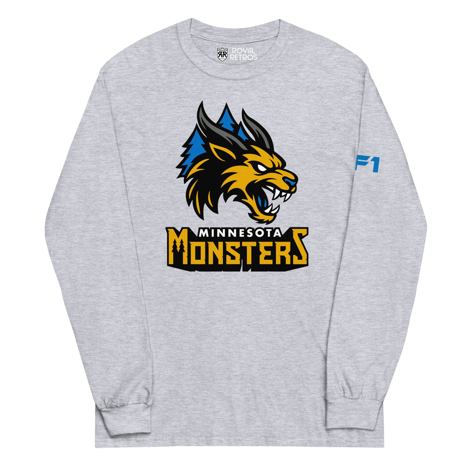 Minnesota Monsters long sleeve T-shirt. Heather Gray. Minnesota Monsters AF1 arena football. Gold, black, and gray monster head over blue pine trees. Minnesota small in white below, Monsters below larger in gold. Royal Retros.