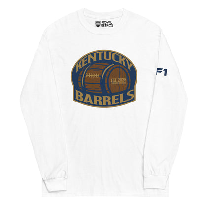 Kentucky Barrels AF1 football crewneck sweatshirt. White. Logo on chest is a rounded square with Kentucky in gold arched over a barrel, with Barrels underneath. Shape is outlined in gold. Royal Retros