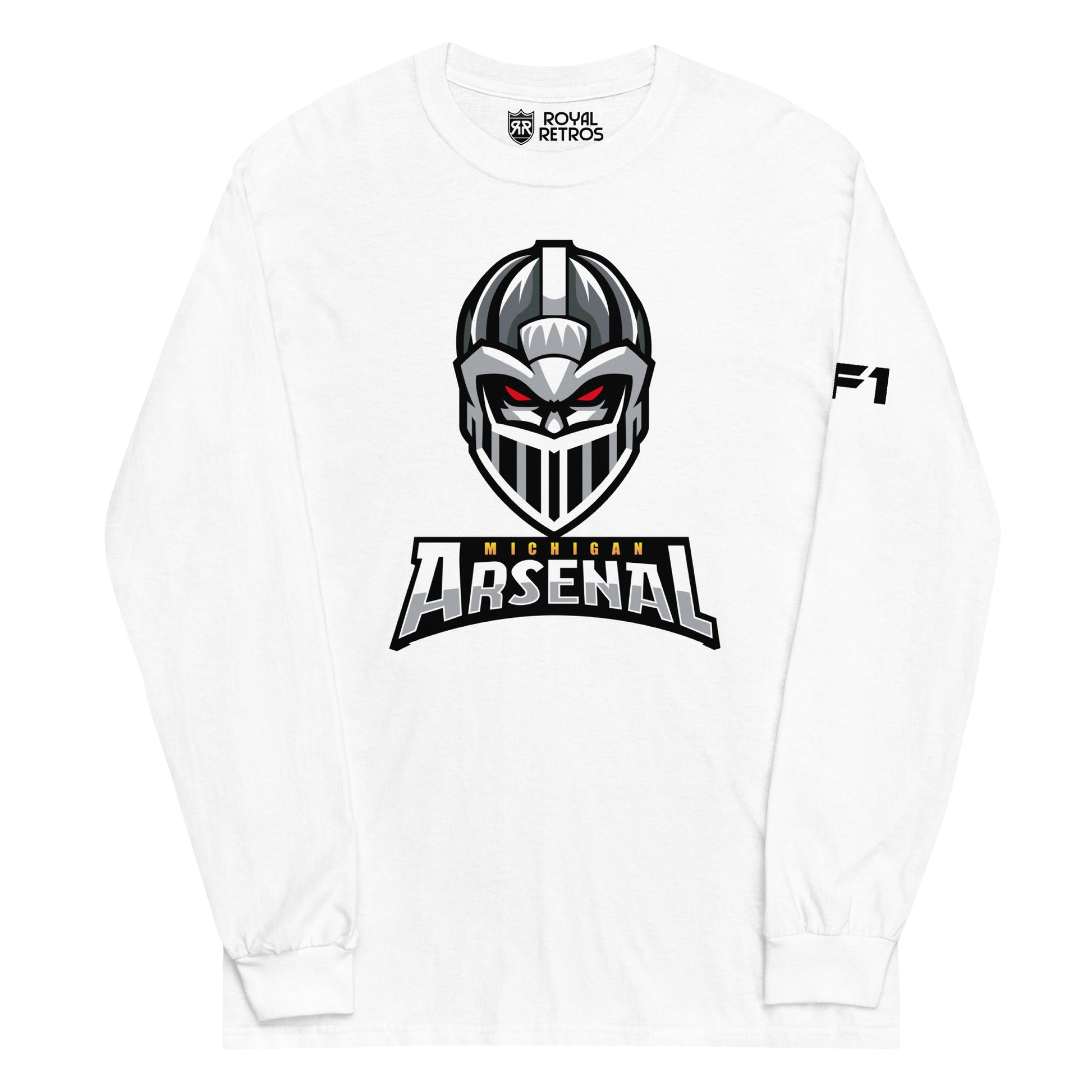 Michigan Arsenal crewneck sweatshirt. White. Knights helmet facing viewer. Michigan small in yellow above Arsenal in silver below. Royal Retros